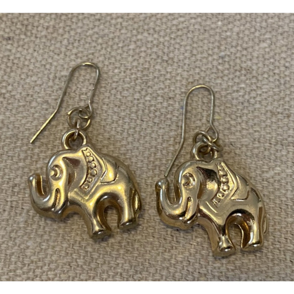 New Yellow Gold Tone Drop/Dangle ELEPHANT EARRINGS 1.5 Inch for Pierced Ears - Picture 3 of 5